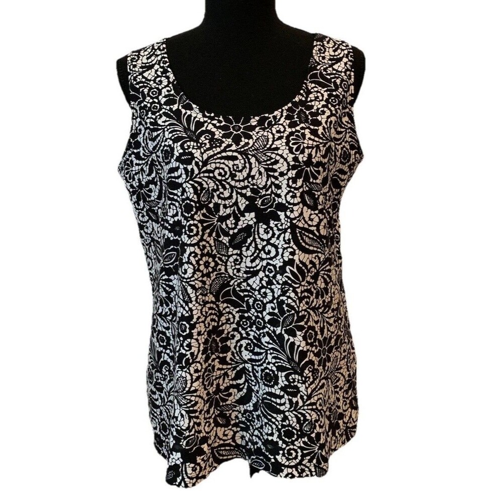 Chicos Size 2 Womens Large Top Layering Paisley Black White Floral Tank